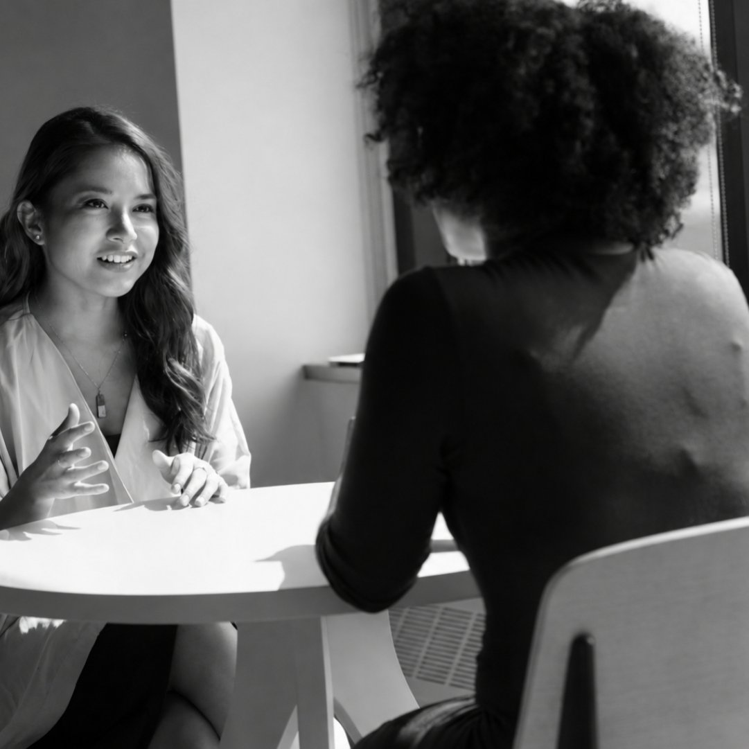 Black and white photograph of two women having a conversation across a table in an office setting.